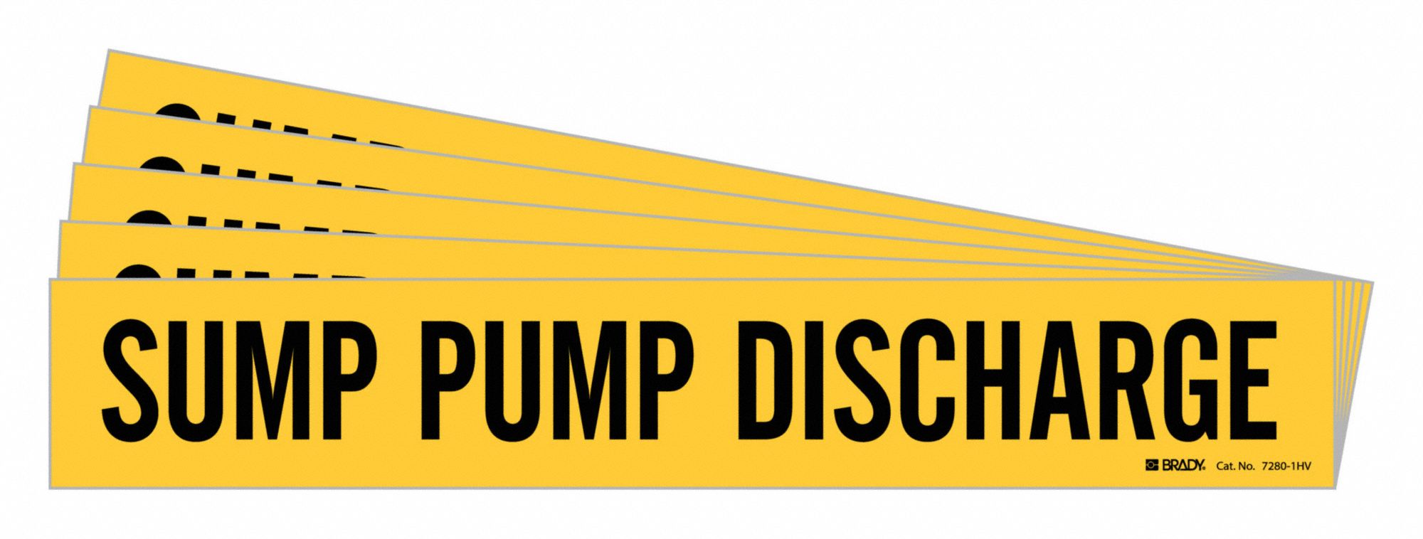 Pipe Marker: Sump Pump Discharge, Yellow, Black, Fits 8 in and Larger Pipe O.D., 5 PK
