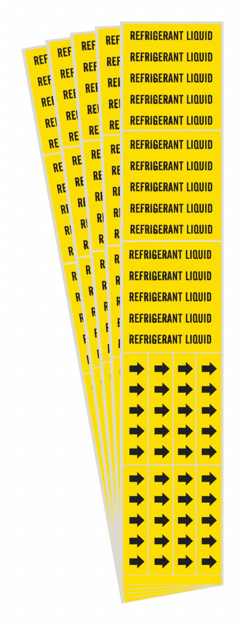 Pipe Marker: Refrigerant Liquid, Yellow, Black, Fits 3/4 in and Smaller Pipe O.D., With Arrows, 5 PK
