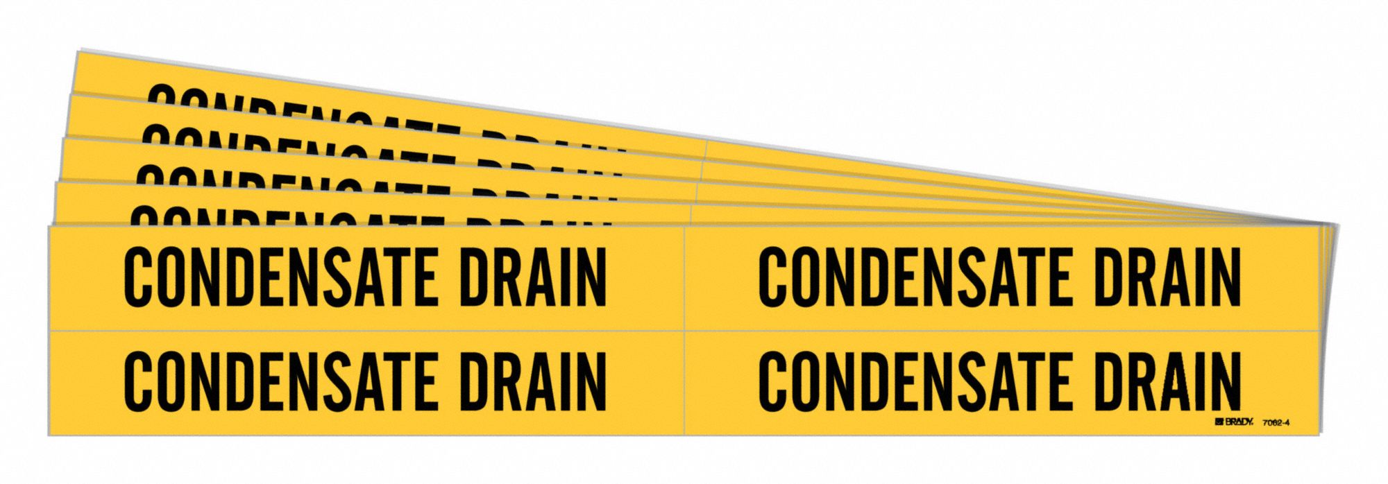 Pipe Marker: Condensate Drain, Yellow, Black, Fits 3/4 to 2 3/8 in Pipe O.D., 4 Pipe Markers, 5 PK