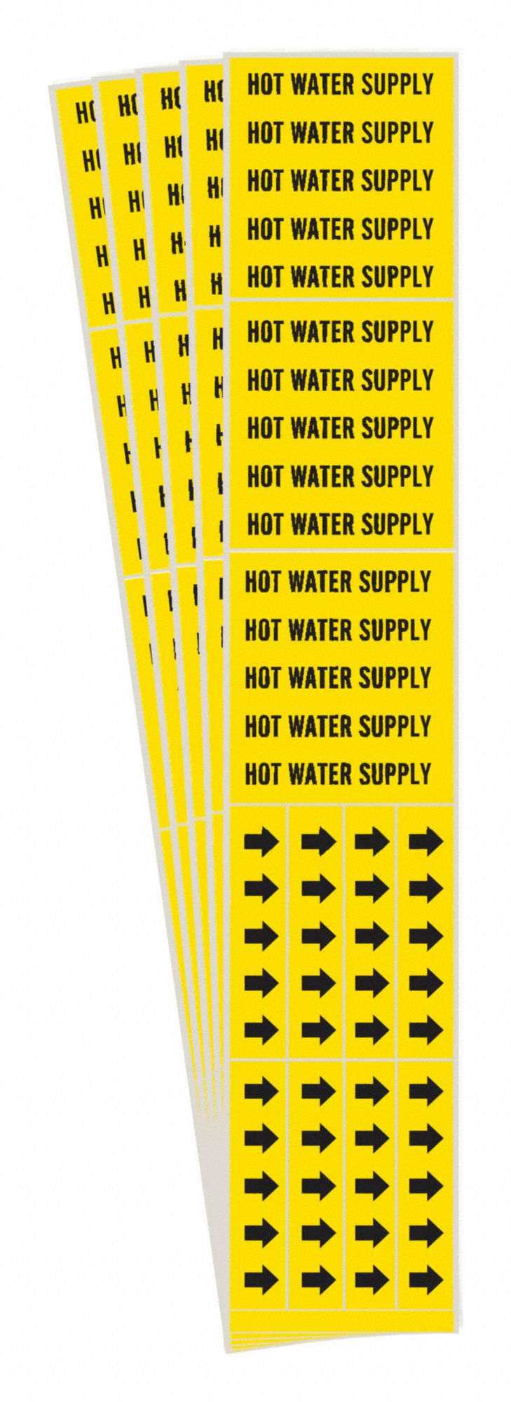 Pipe Marker: Hot Water Supply, Yellow, Black, Fits 3/4 in and Smaller Pipe O.D., With Arrows, 5 PK