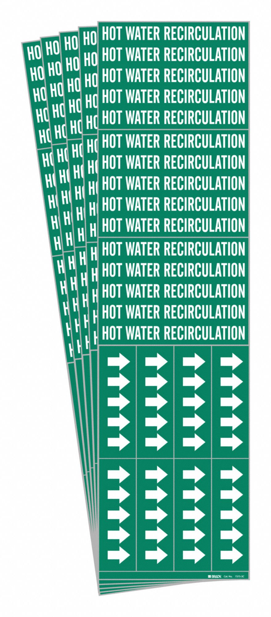 Pipe Marker: Hot Water Recirculation, Green, White, Fits 3/4 in and Smaller Pipe O.D., 5 PK