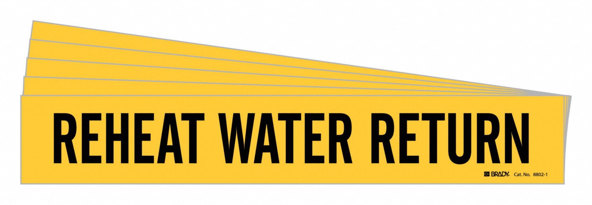 Pipe Marker: Reheat Water Return, Yellow, Black, Fits 2 1/2 to 7 7/8 in Pipe O.D., 5 PK