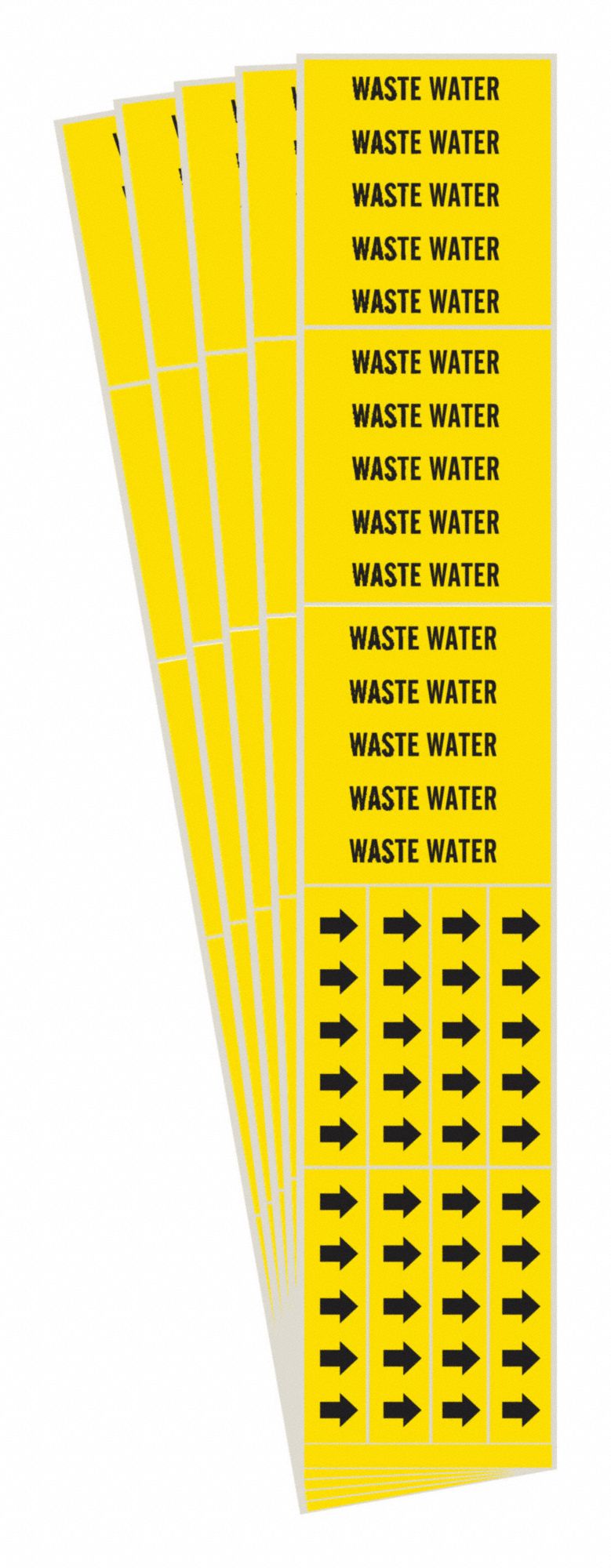 Pipe Marker: Waste Water, Yellow, Black, Fits 3/4 in and Smaller Pipe O.D., 3 Pipe Markers, 5 PK