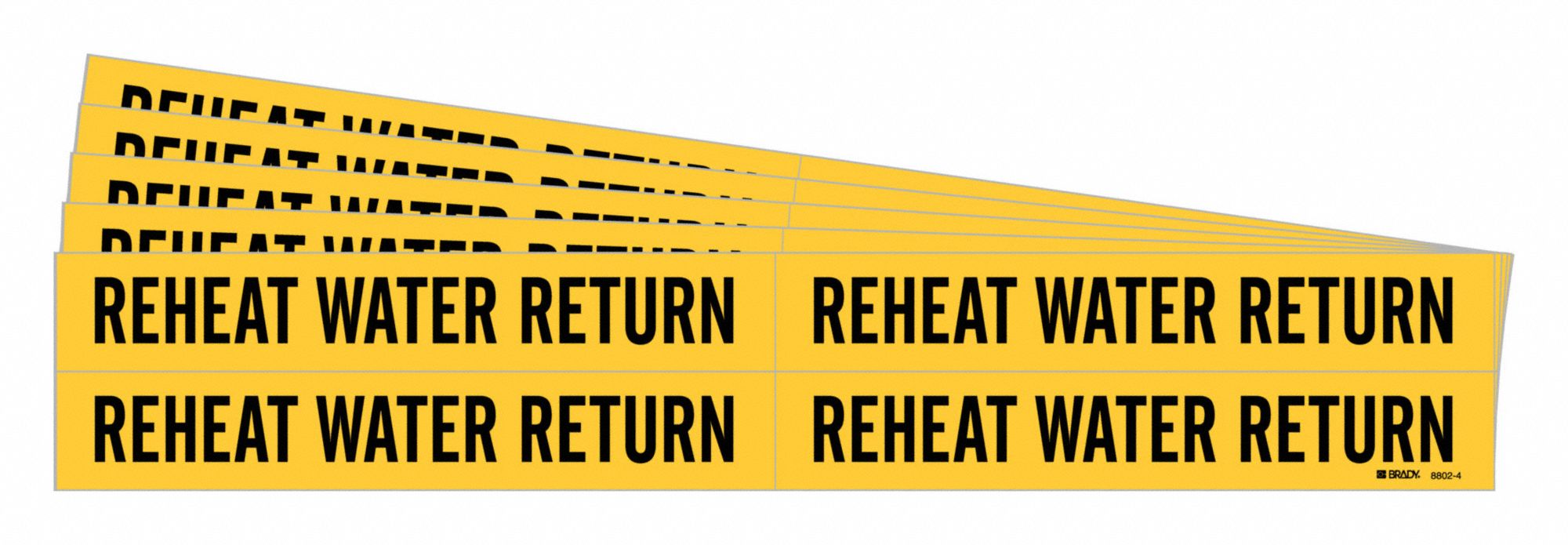 Pipe Marker: Reheat Water Return, Yellow, Black, Fits 3/4 to 2 3/8 in Pipe O.D., 5 PK