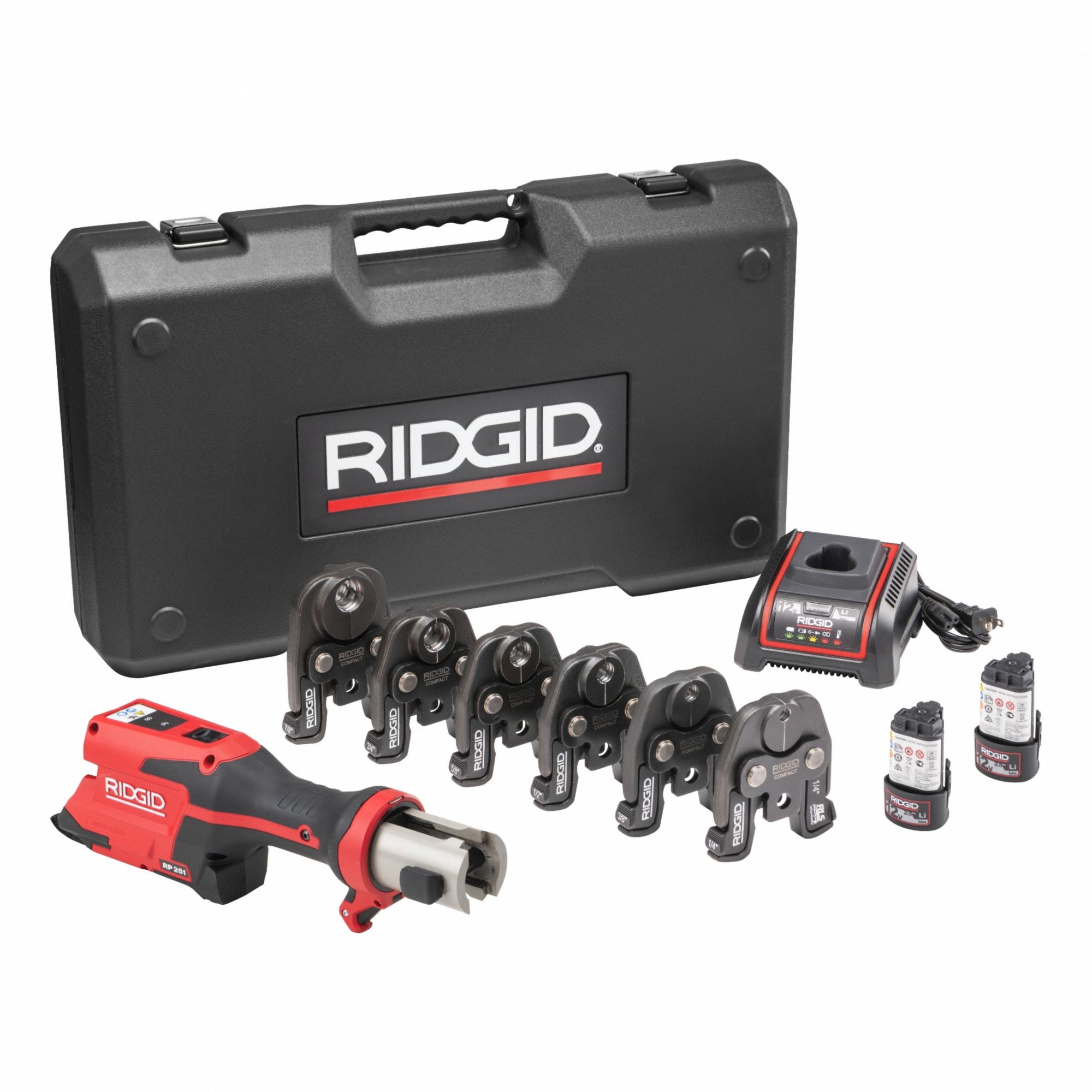 Cordless Press Tool Kit: 12V, Compact, Inline, Black Steel/Copper/PEX/Stainless Steel