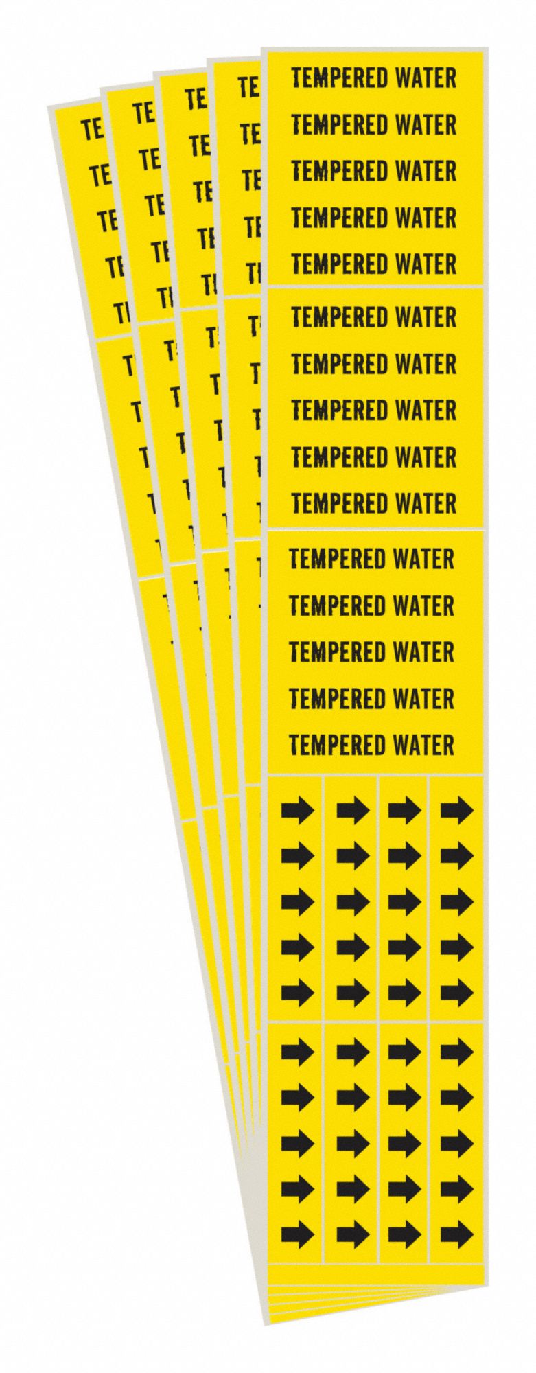 Pipe Marker: Tempered Water, Yellow, Black, Fits 3/4 in and Smaller Pipe O.D., 3 Pipe Markers, 5 PK