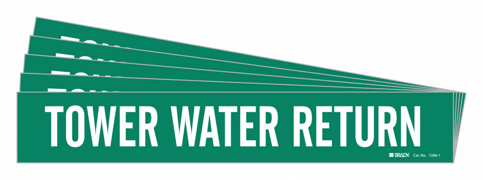 Pipe Marker: Tower Water Return, Green, White, Fits 2 1/2 to 7 7/8 in Pipe O.D., 5 PK