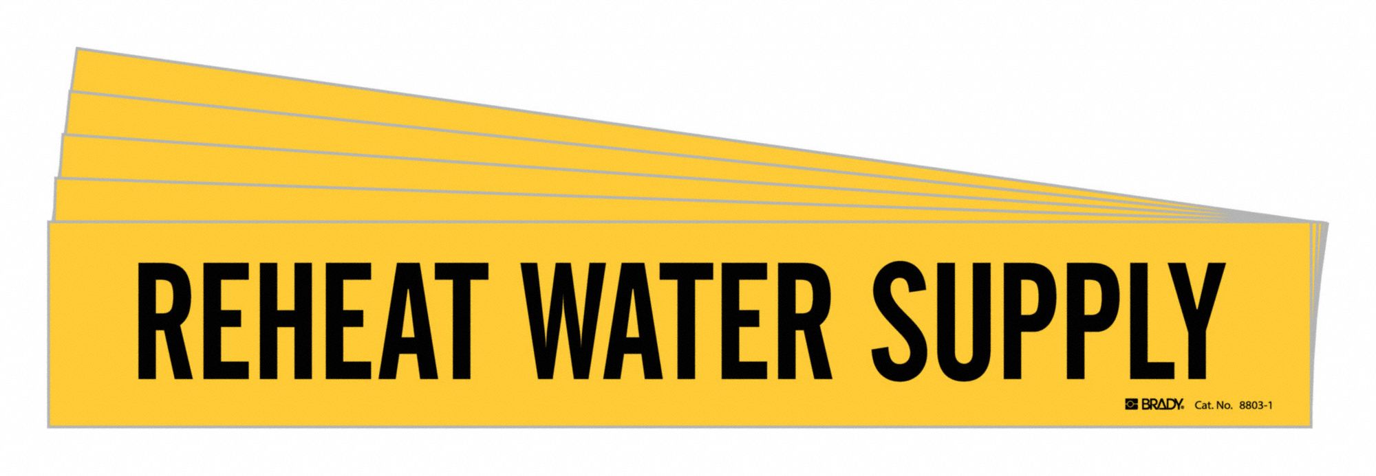 Pipe Marker: Reheat Water Supply, Yellow, Black, Fits 2 1/2 to 7 7/8 in Pipe O.D., 5 PK