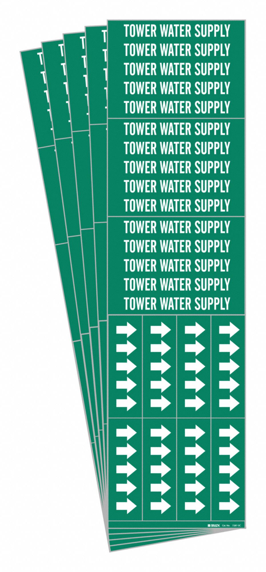 Pipe Marker: Tower Water Supply, Green, White, Fits 3/4 in and Smaller Pipe O.D., With Arrows, 5 PK