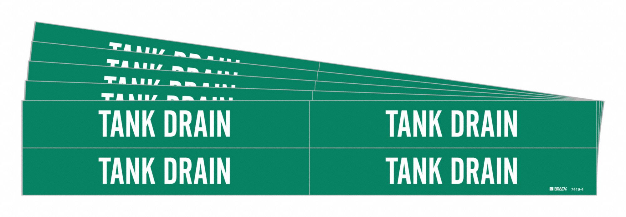 Pipe Marker: Tank Drain, Green, White, Fits 3/4 to 2 3/8 in Pipe O.D., 4 Pipe Markers, 5 PK