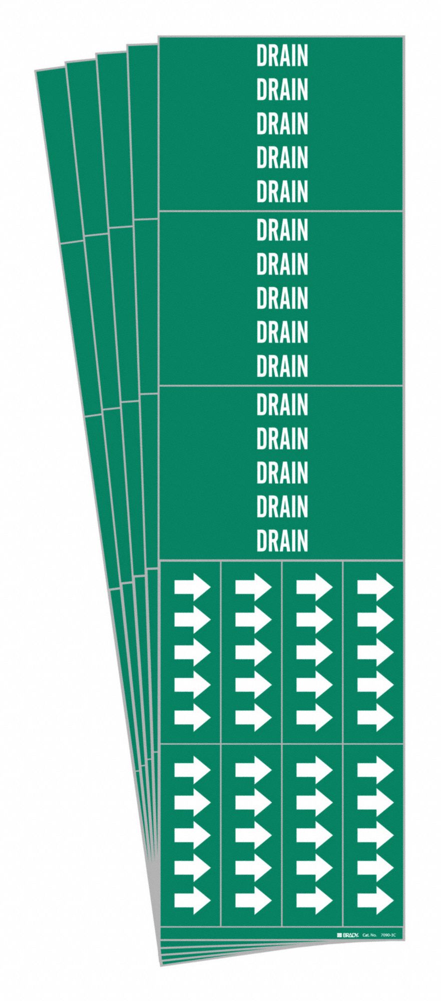 Pipe Marker: Drain, Green, White, Fits 3/4 in and Smaller Pipe O.D., 3 Pipe Markers, 5 PK