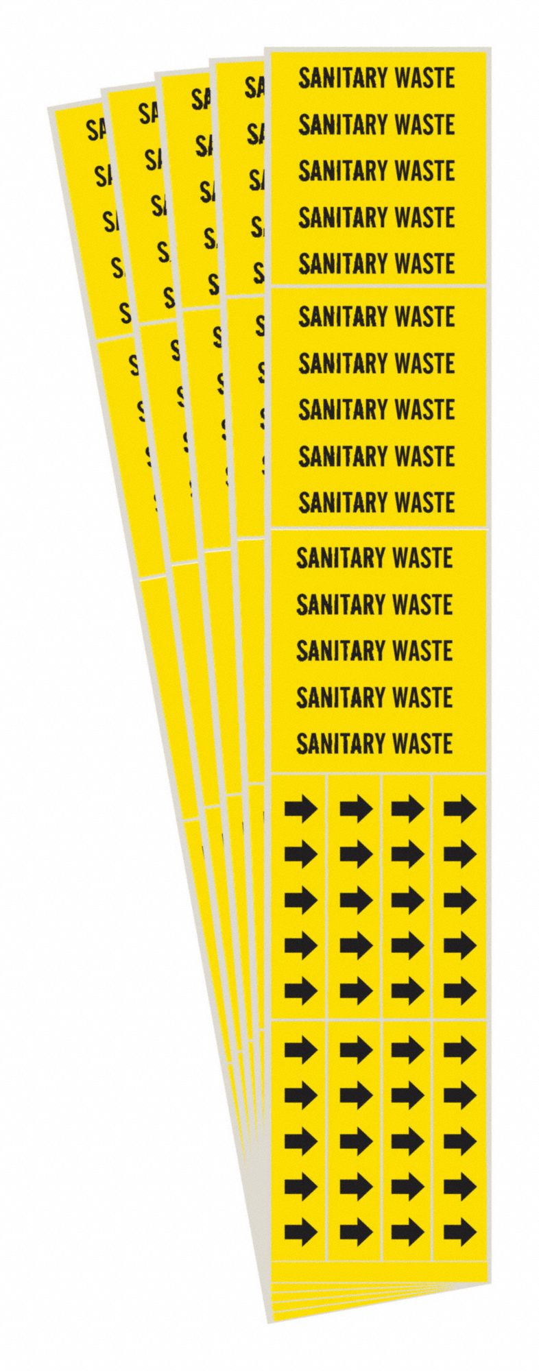 Pipe Marker: Sanitary Waste, Yellow, Black, Fits 3/4 in and Smaller Pipe O.D., 3 Pipe Markers, 5 PK