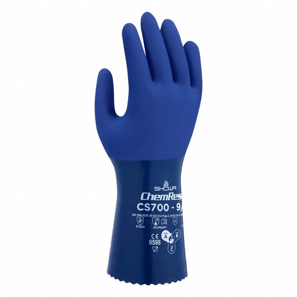 CHEMICAL-RESISTANT GLOVES, PINKED CUFF, 300 MM, L, BLUE, POLYESTER