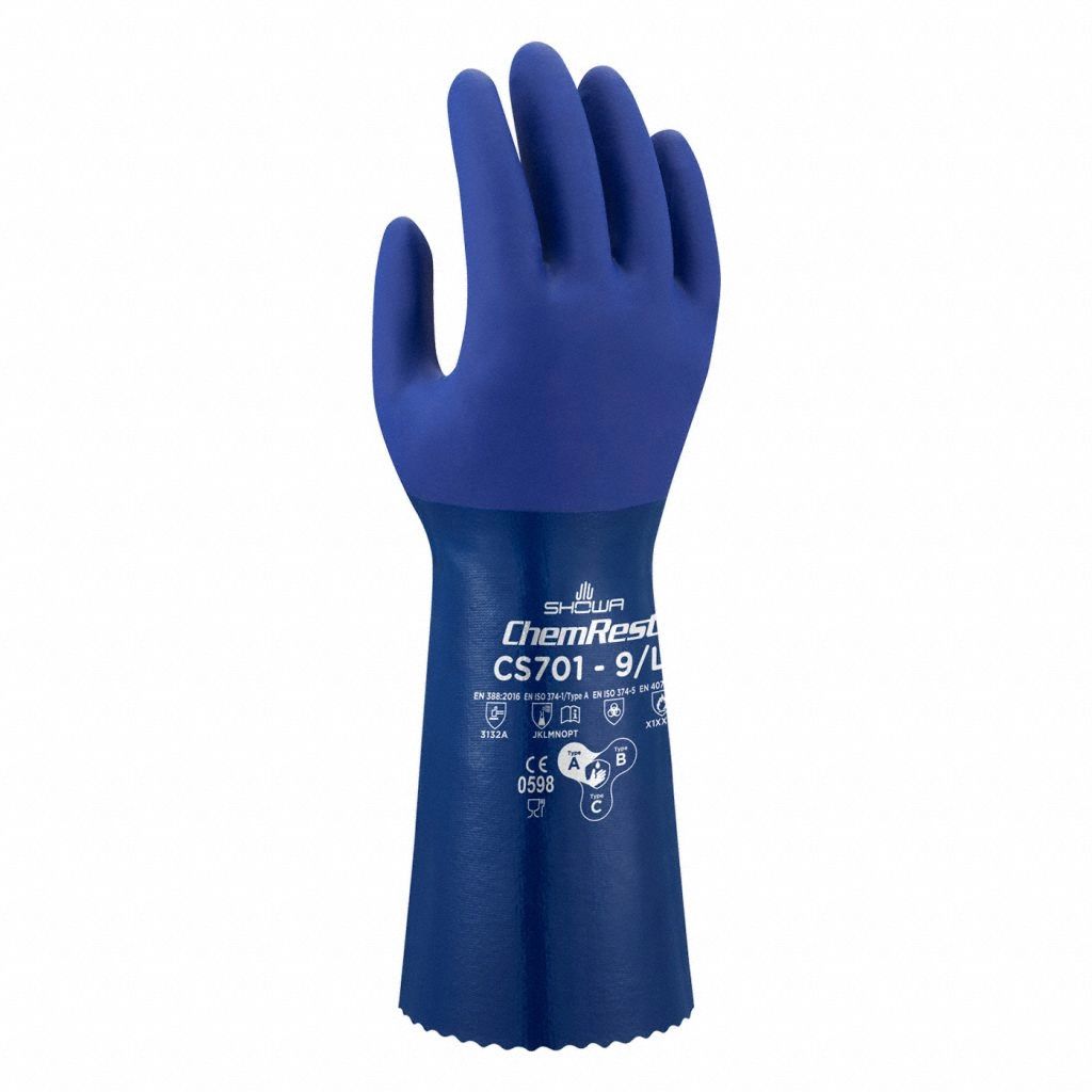 CHEMICAL-RESISTANT GLOVES, PINKED CUFF, 350 MM, XL, BLUE, POLYESTER