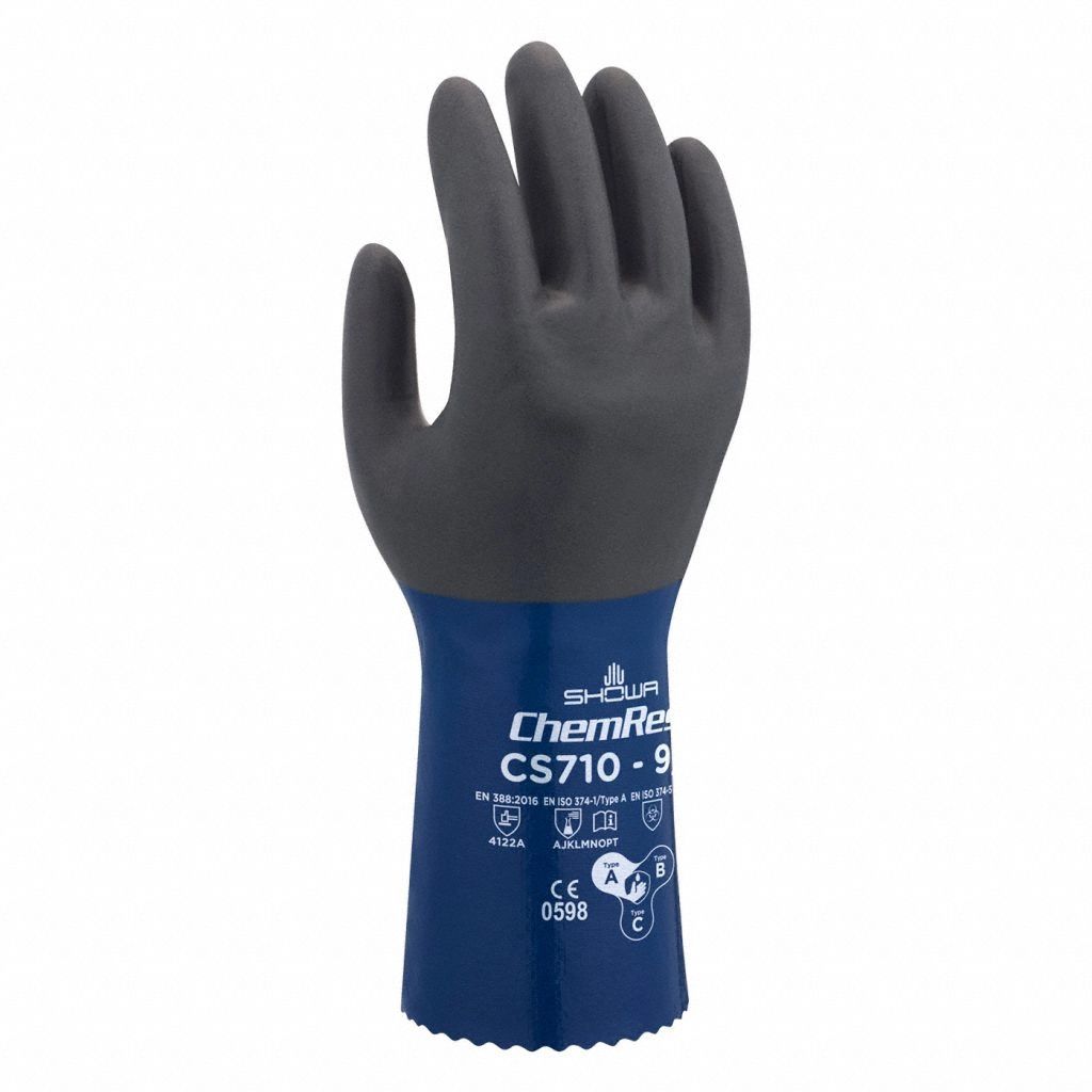 CHEMICAL-RESISTANT GLOVES, PINKED CUFF, 300 MM, M, BLUE, POLYESTER