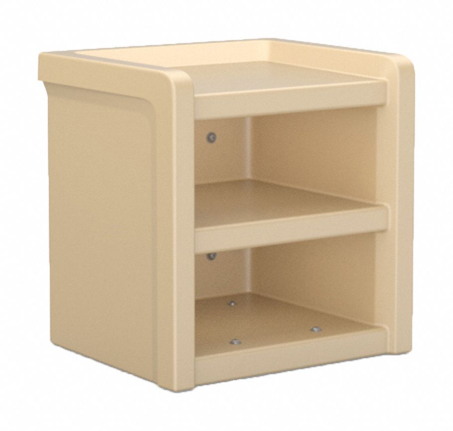 Nightstand: Sand, 21 1/2 in Overall Ht, 21 in Overall Wd, 18 in Overall Dp, 3 Shelves