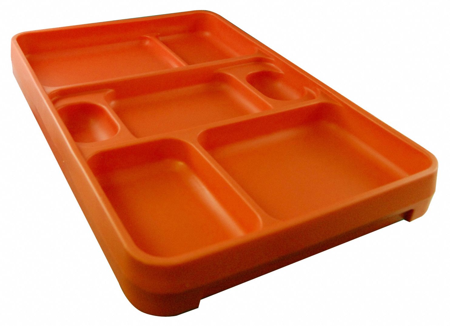 Food Tray: 14 1/4 in Overall Lg, 9 1/2 in Overall Wd, Orange, 7 Compartments, Orange