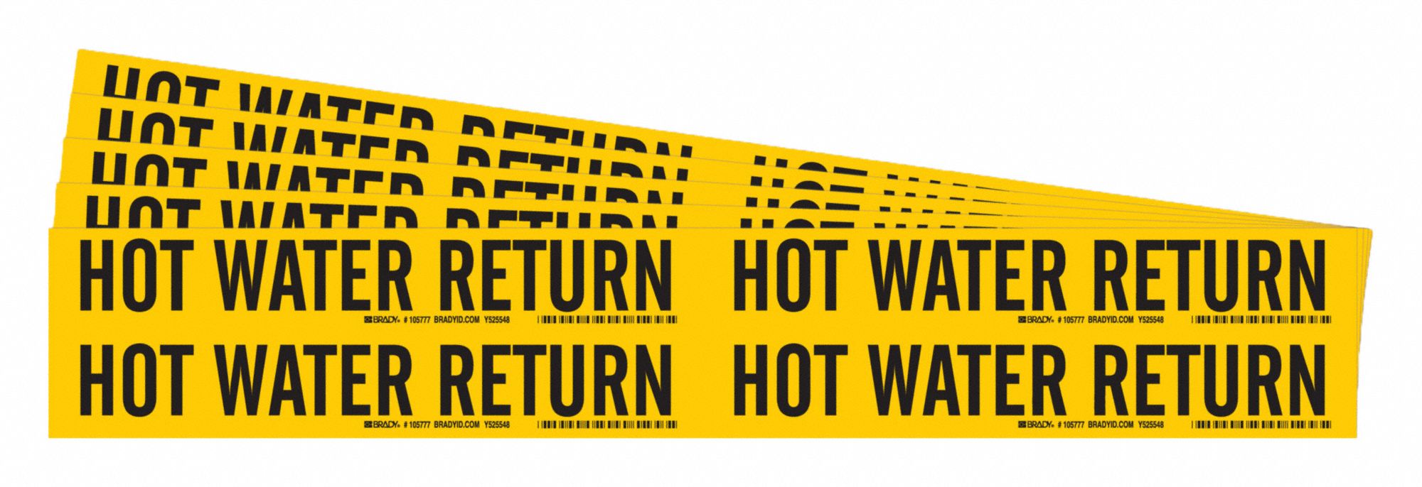 Pipe Markers: Hot Water Return, Yellow, Black, Fits 3/4 to 2 3/8 in Pipe O.D., 4 Pipe Markers, 5 PK