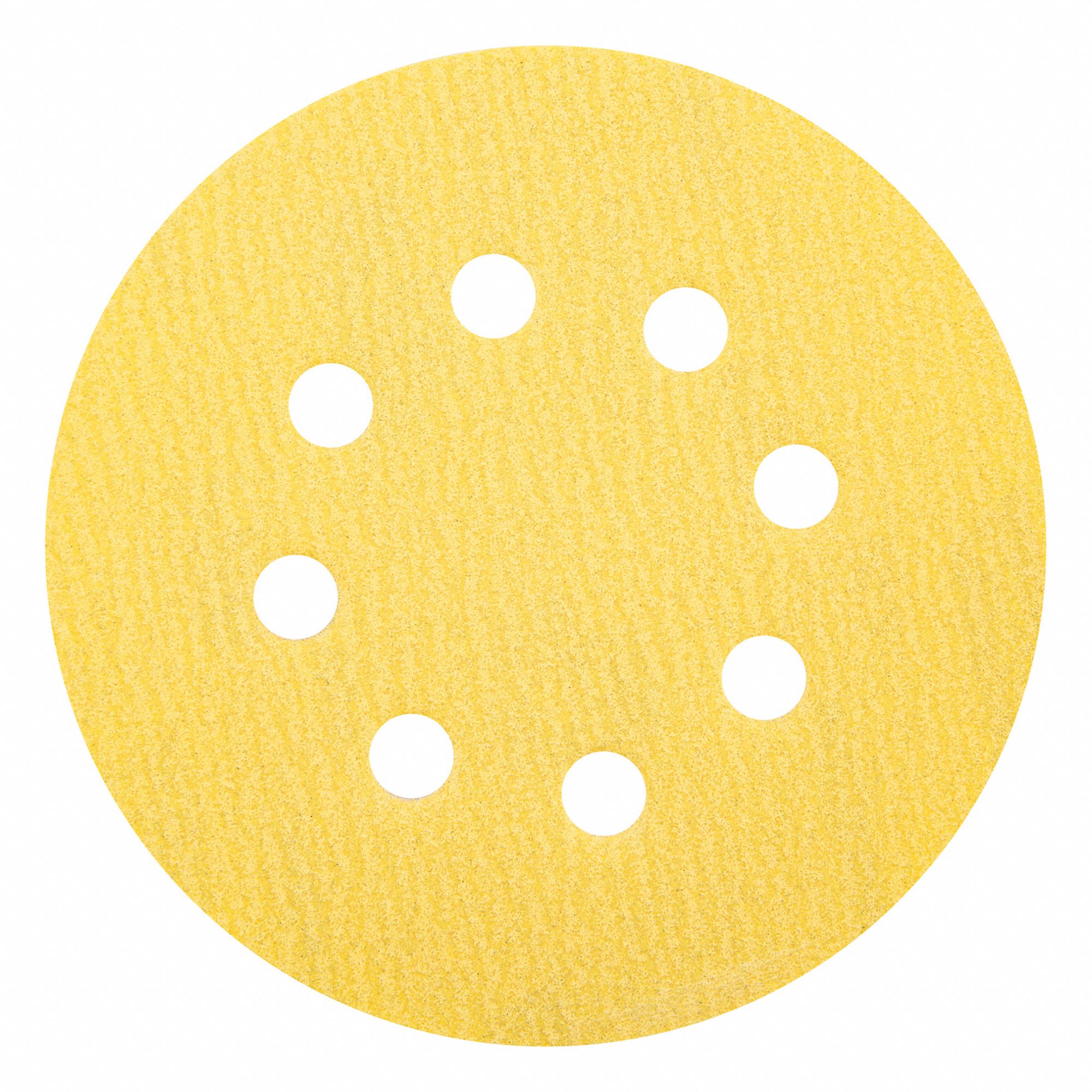 HOOK-AND-LOOP SANDING DISC, 5 IN DIAMETER, 8 HOLE, ALUMINUM OXIDE, P150 GRIT, C WEIGHT PAPER, A296