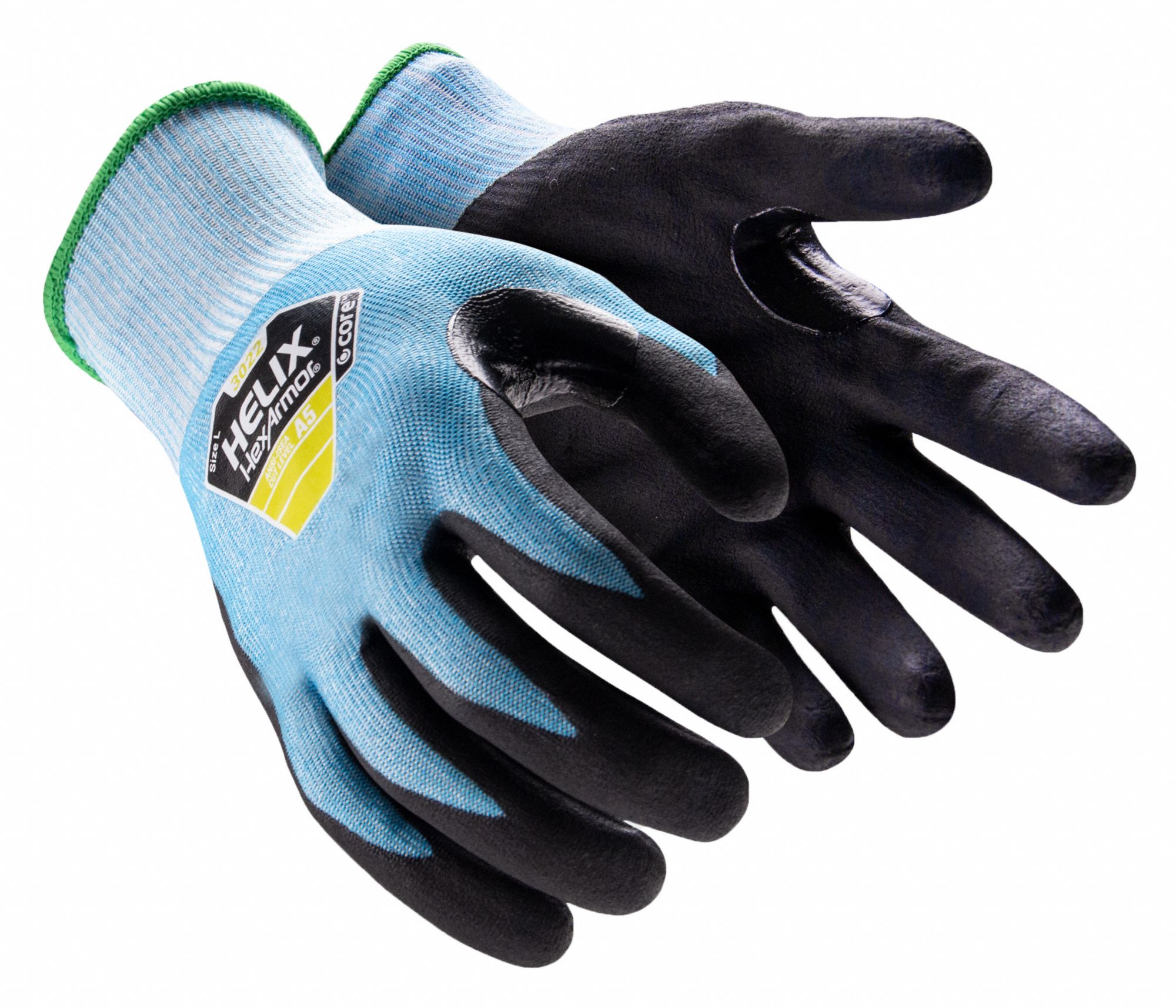 SAFETY GLOVES, S, BLACK/BLUE, 10 IN, SEAMLESS KNIT WRIST, HPPE/NITRILE