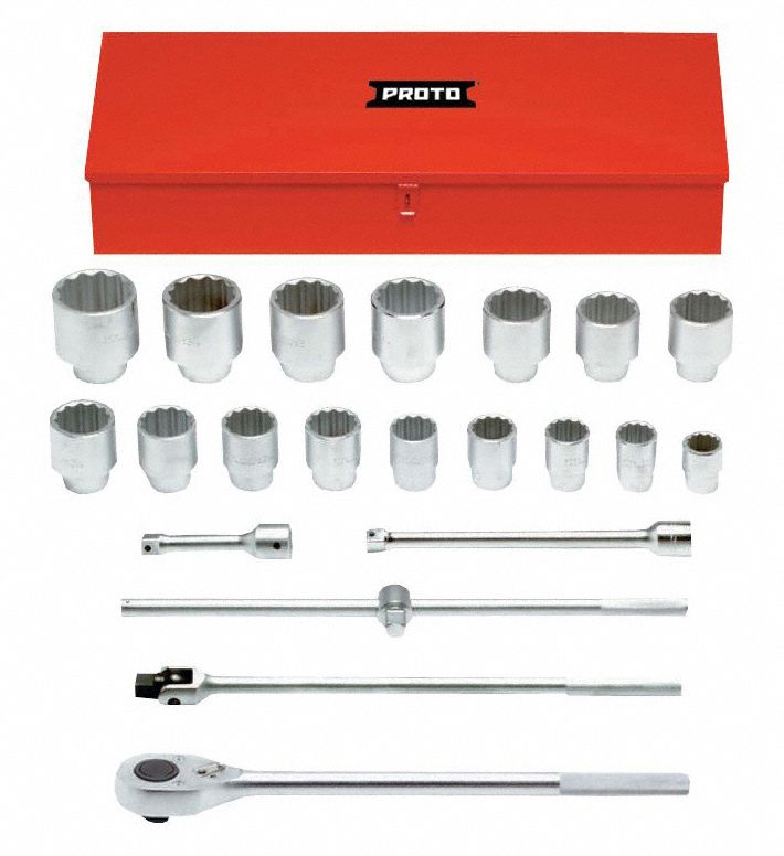 PROTO Socket Set: 1 in Drive Size, 22 Pieces, 1 1/2 in to 3 1/2 in Socket  Size Range, (16) 12-Point