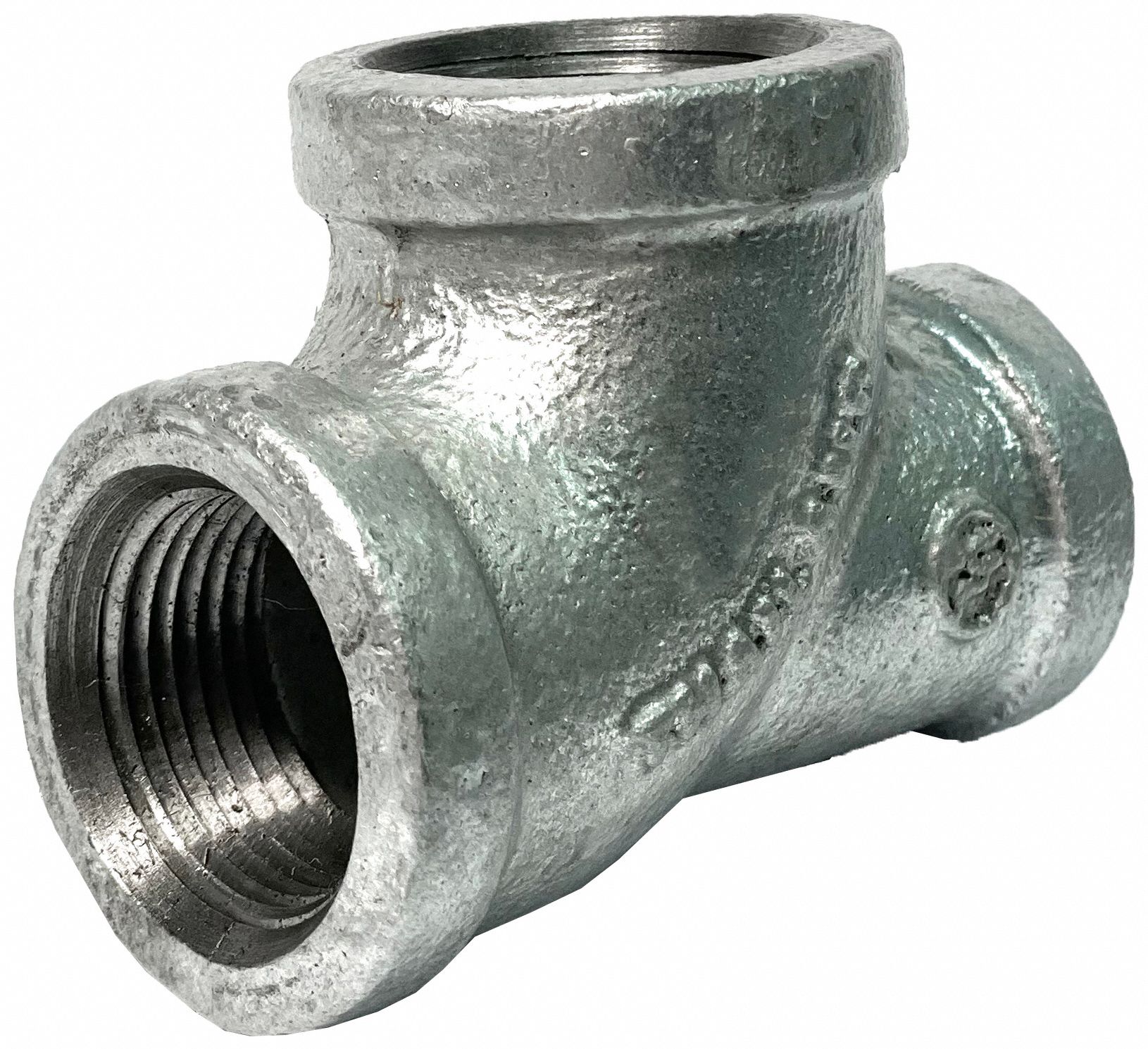 Reducing Tee: Malleable Iron, 1/2 in x 1 in x 1 1/2 in, NPT x NPT x NPT, Class 150, 3 11/16 in Lg