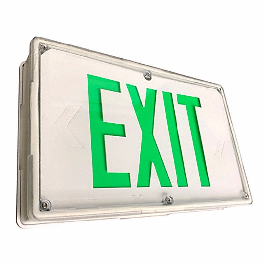 Wet location/vandal resistant LED exit sign: With Battery Backup, Green, 2 Faces, Aluminum/Plastic