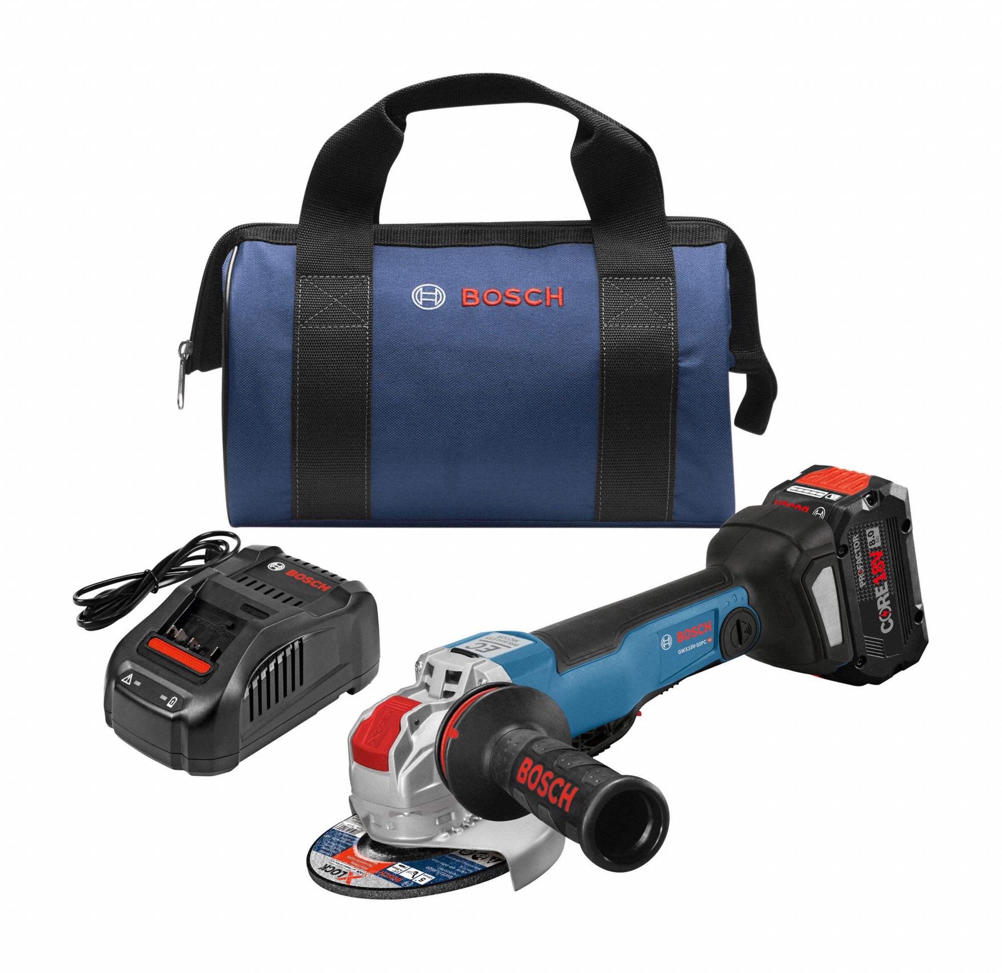 Angle Grinder: 5 in Wheel Dia, 8.0 Ah, 18V DC, Std Head, Barrel Grip Grip, Includes Battery