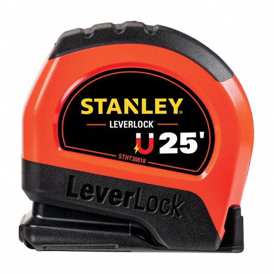 Stanley Tape Measure: 25 ft Tape Lg, 1 in Tape Wd, Plastic Case, Polymer, 7 ft Standout Lg, Auto, Yellow Tape, SAE, inch