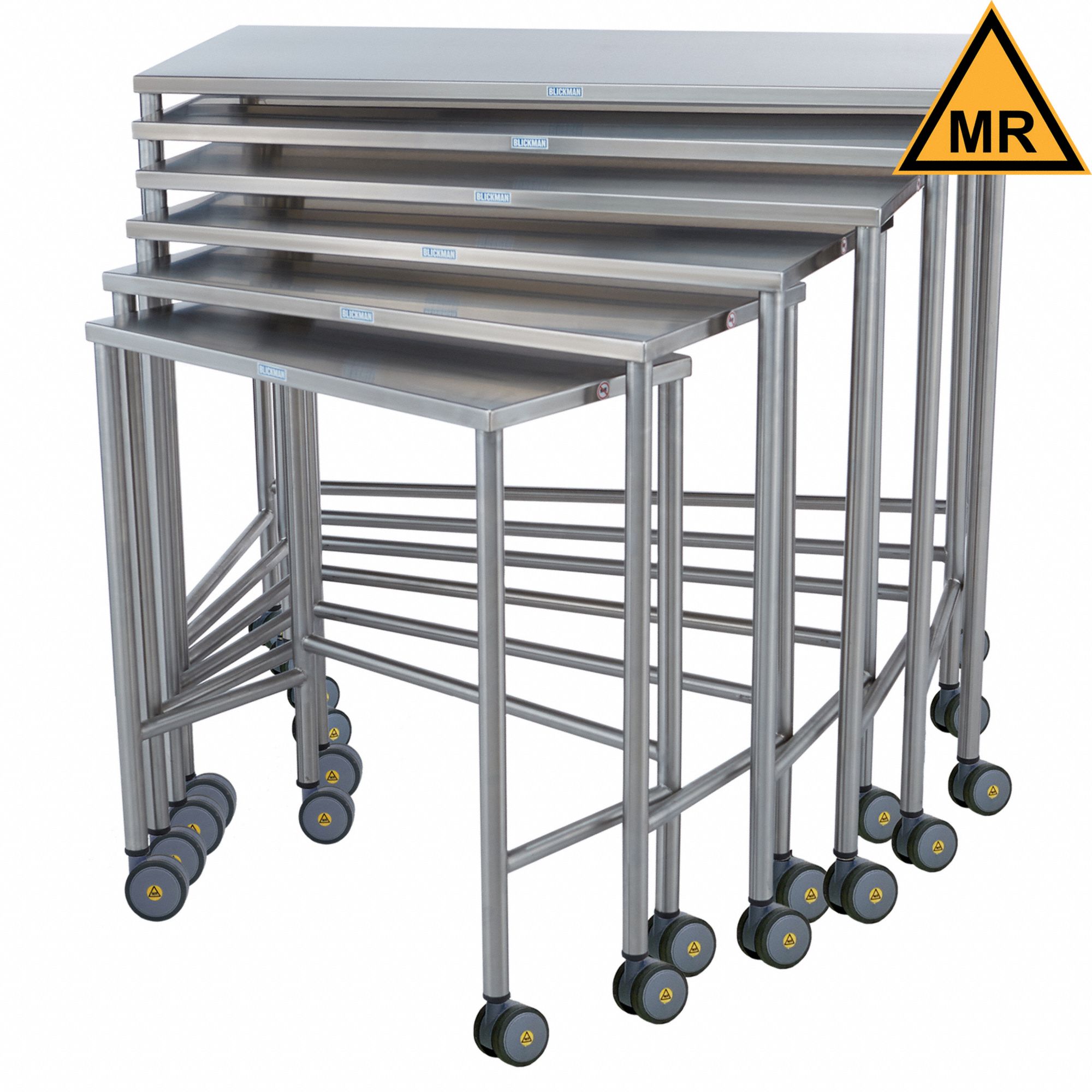 Nested Tables Set: 42 in Overall Wd, 24 in Overall Ht, 8 ft Overall Lg, Stainless Steel, Silver