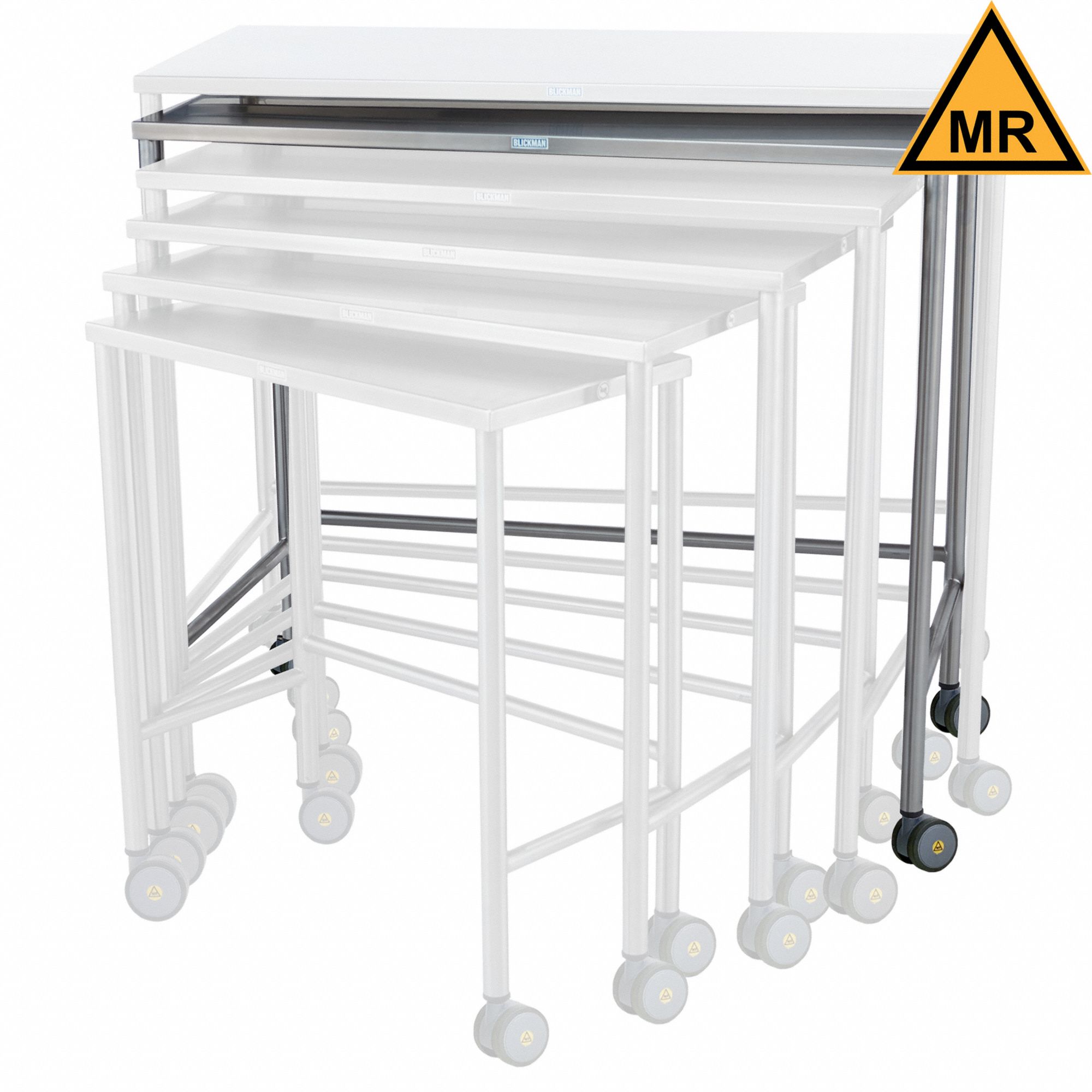 Nested Table: 22 in Overall Wd, 40 in Overall Ht, 44 in Overall Lg, Stainless Steel, Silver, Swivel