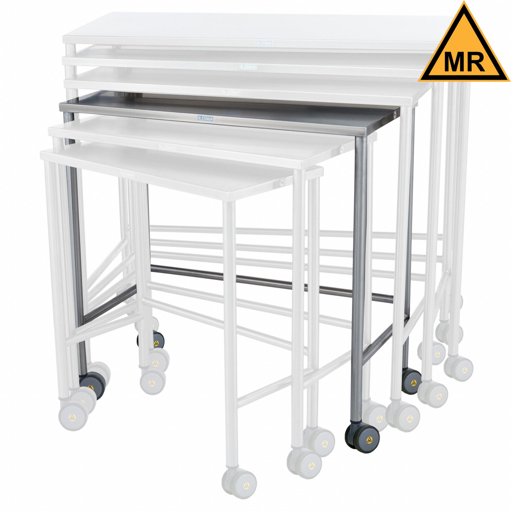 Nested Table: 18 in Overall Wd, 36 in Overall Ht, 36 in Overall Lg, Stainless Steel, Silver, Swivel