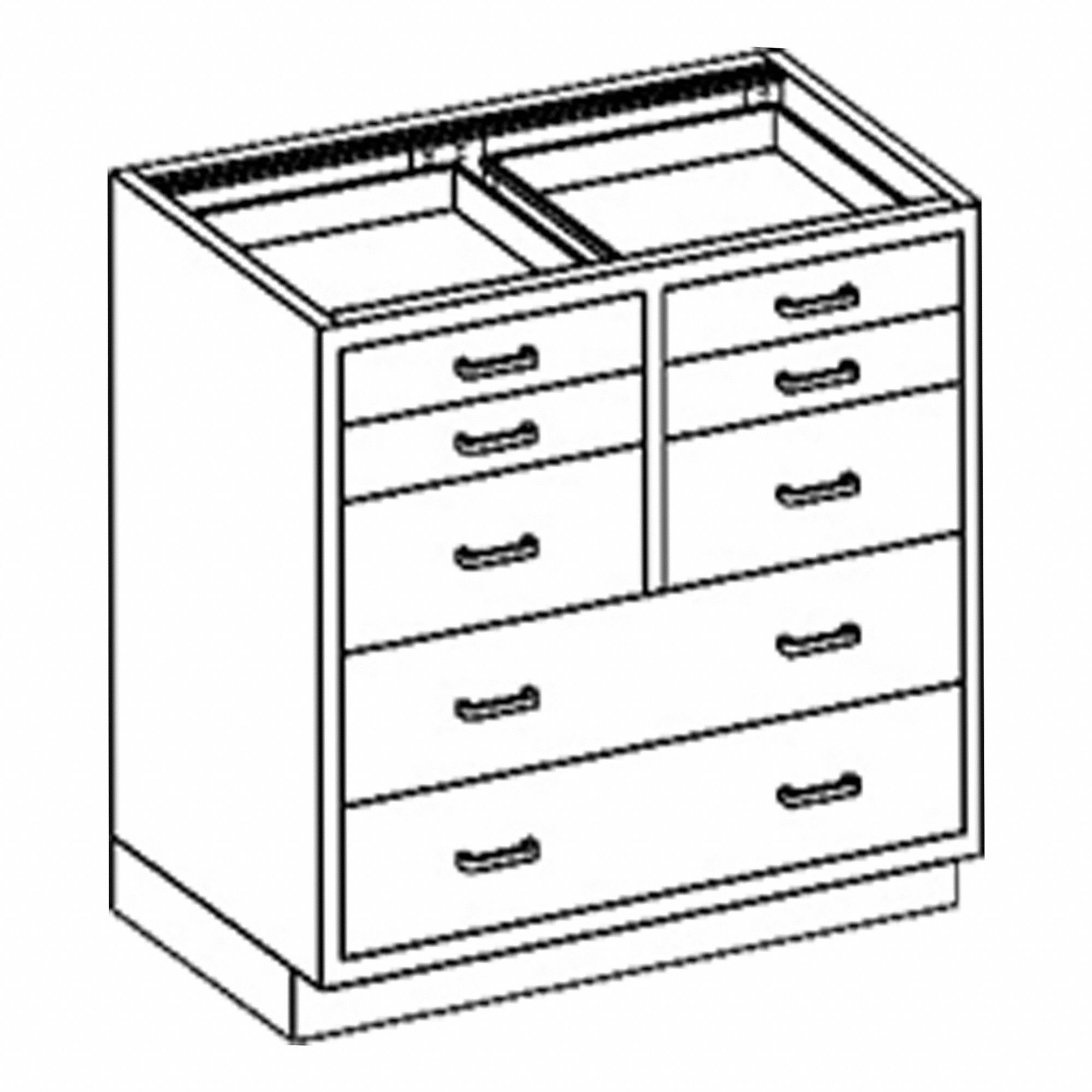 Base Cabinet: 35 1/4 in Overall Ht, 22 in Overall Dp, 35 in Overall Wd, Stainless Steel, 8 Drawers