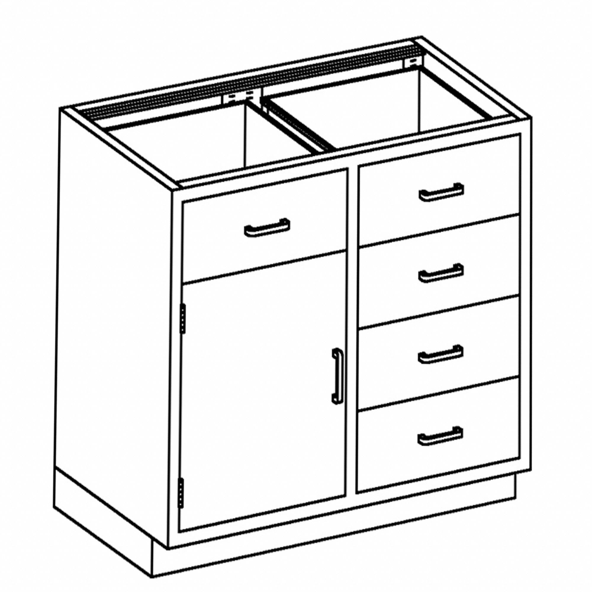 Base Cabinet: 35 1/4 in Overall Ht, 22 in Overall Dp, 35 in Overall Wd, Stainless Steel, 5 Drawers
