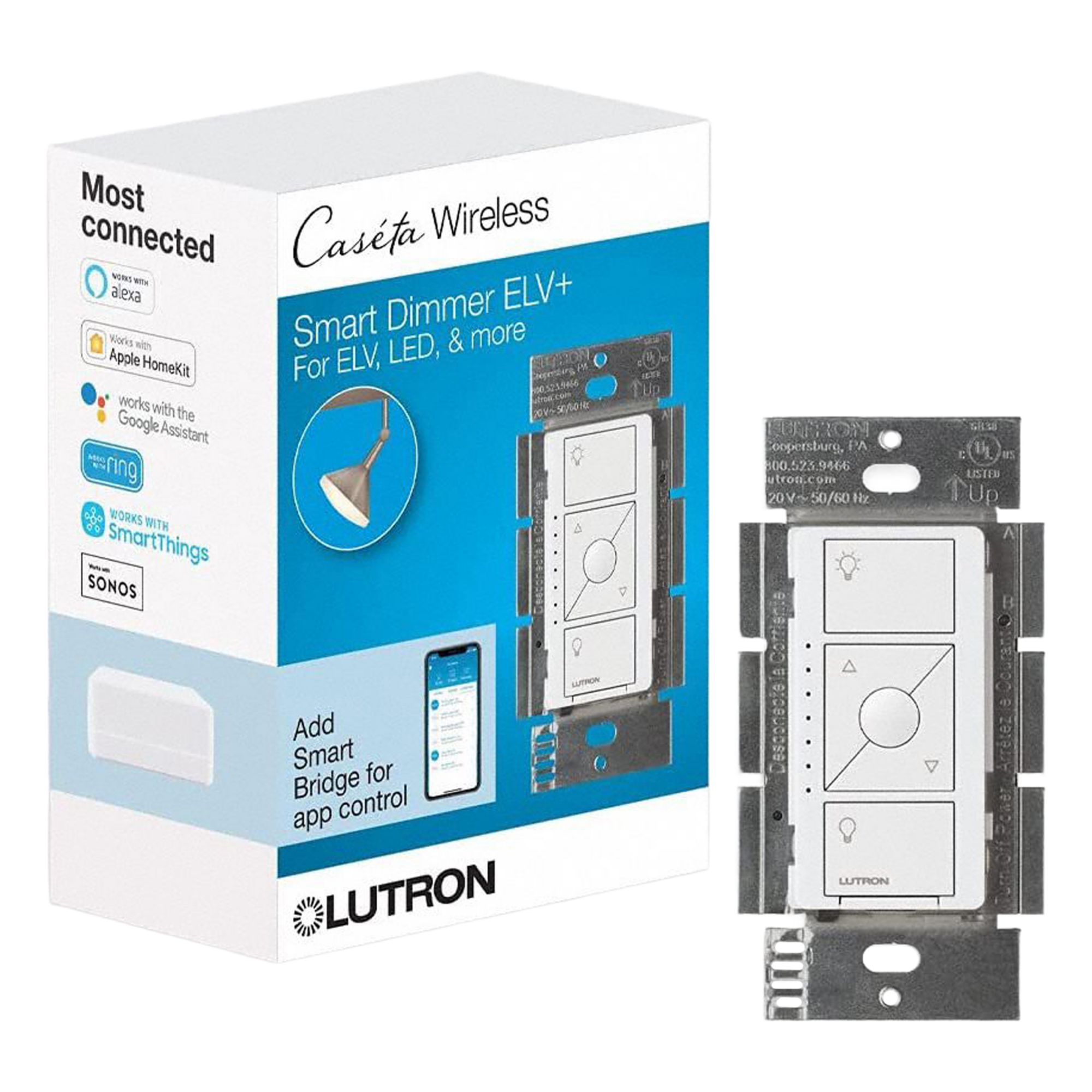 Lighting Dimmer: 3 Buttons, Caseta, 120V AC, Wireless, Neutral Required, White