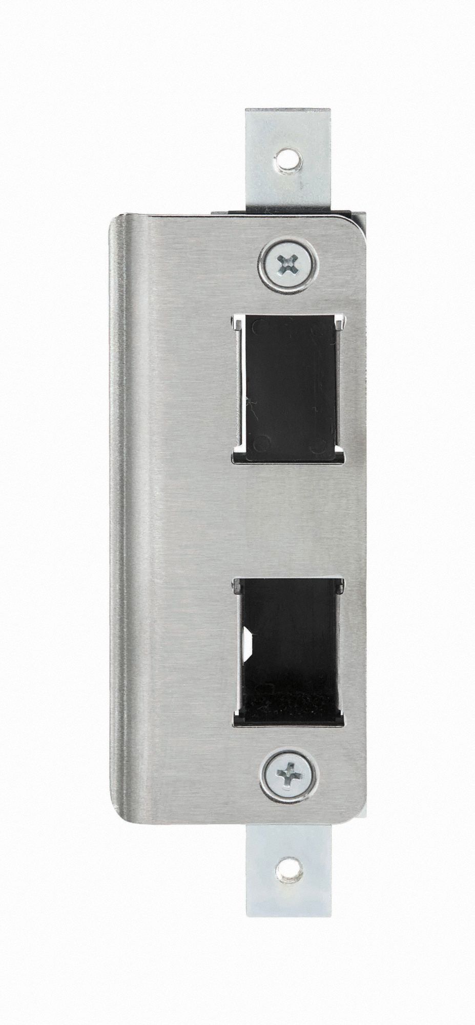 Door Strike Plate: Deadlatch, 6 1/8 in Lg, 11/16 in Wd, Stainless Steel