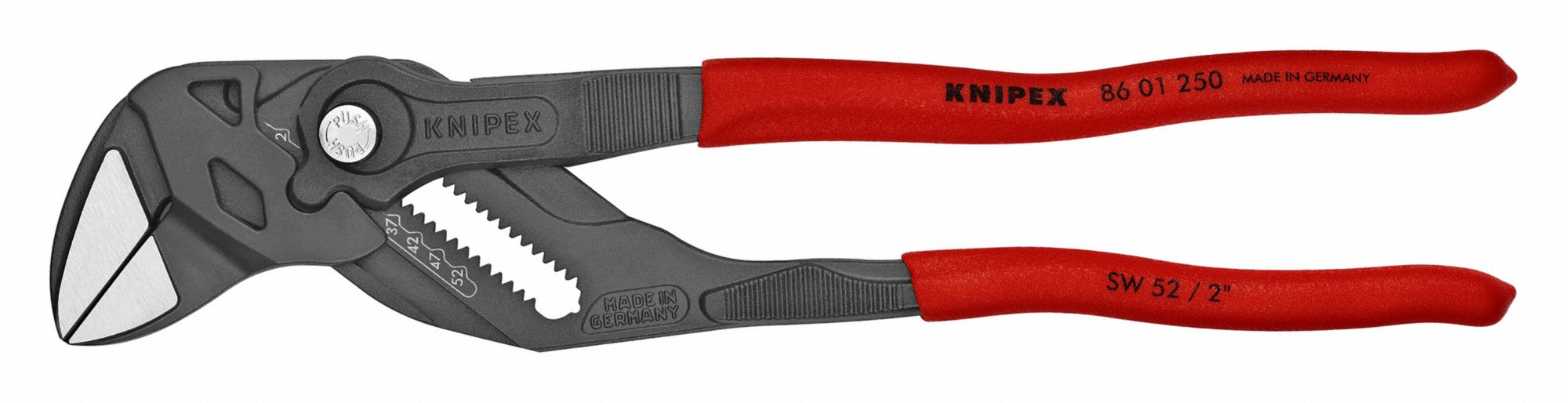 Black Pliers Wrench: Flat, Push Button, 2 in Max Jaw Opening, 9 7/8 in Overall Lg, 19 Jaw Positions