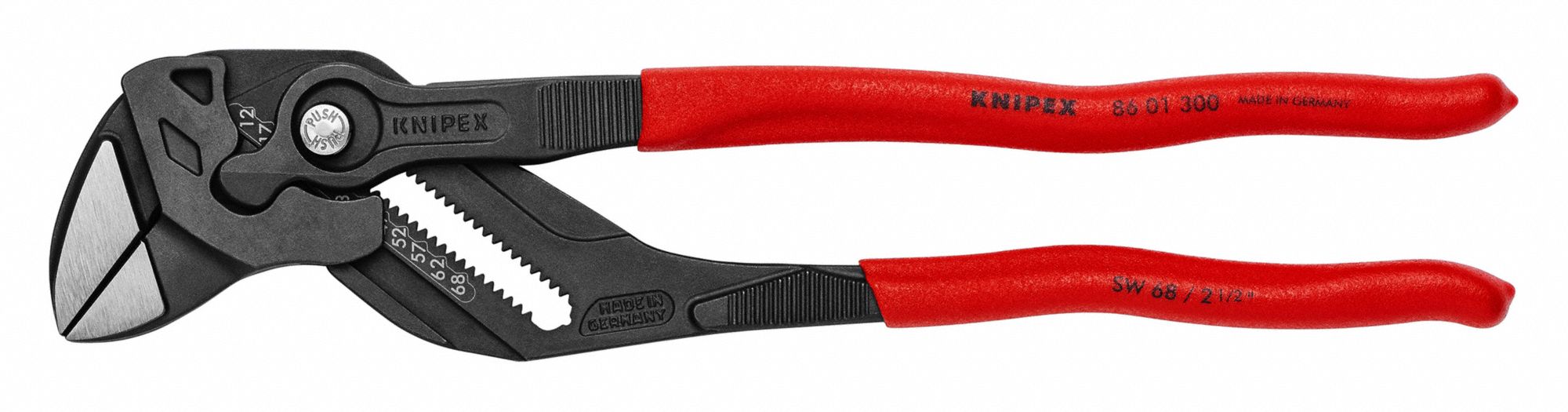 Black Pliers Wrench: Flat, Push Button, 2 1/2 in Max Jaw Opening, 11 3/4 in Overall Lg, Smooth