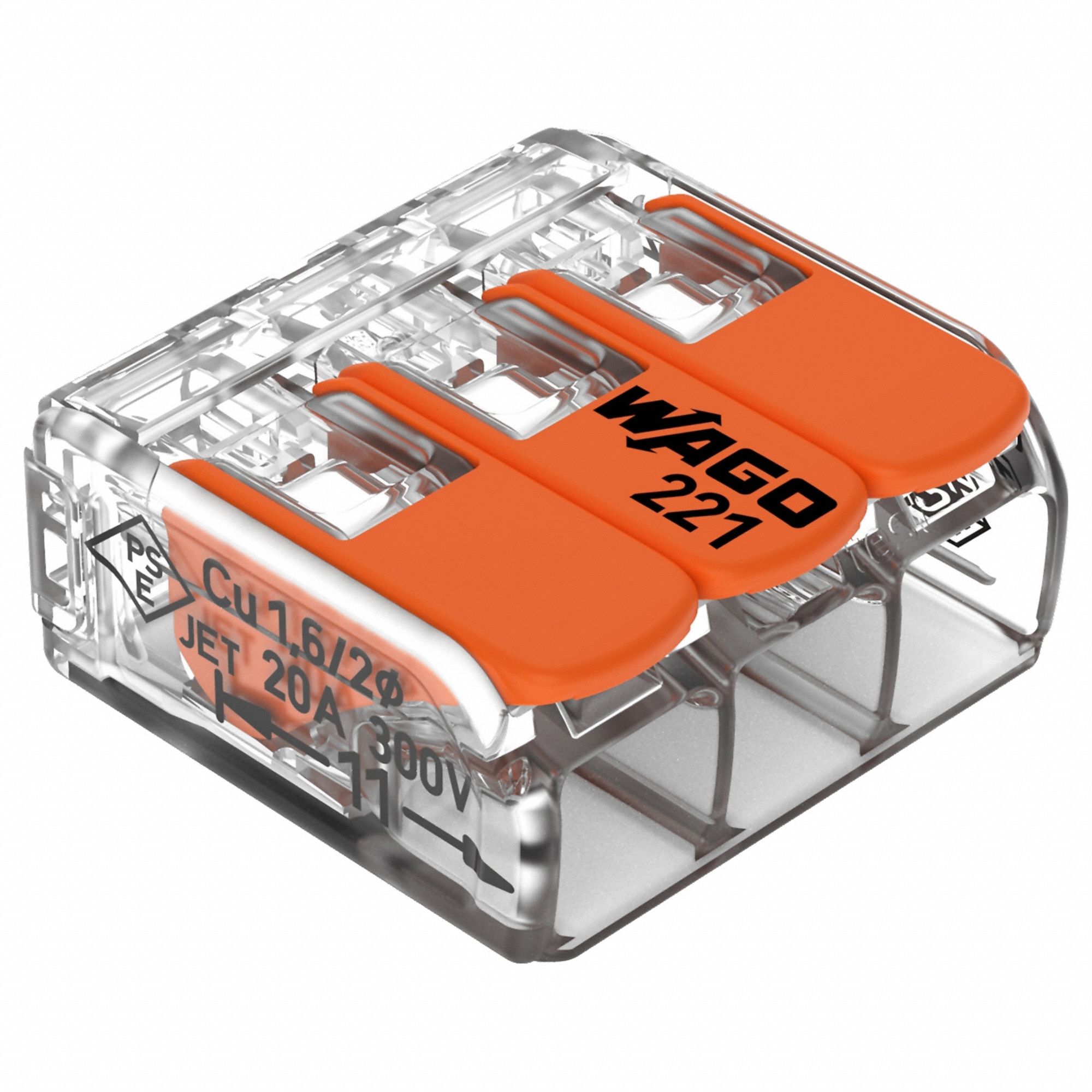 Lever Wire Connector: 3 Port, 24 AWG – 12 AWG Solid Wire Size Range, 32 A, 600 V, 221 Series