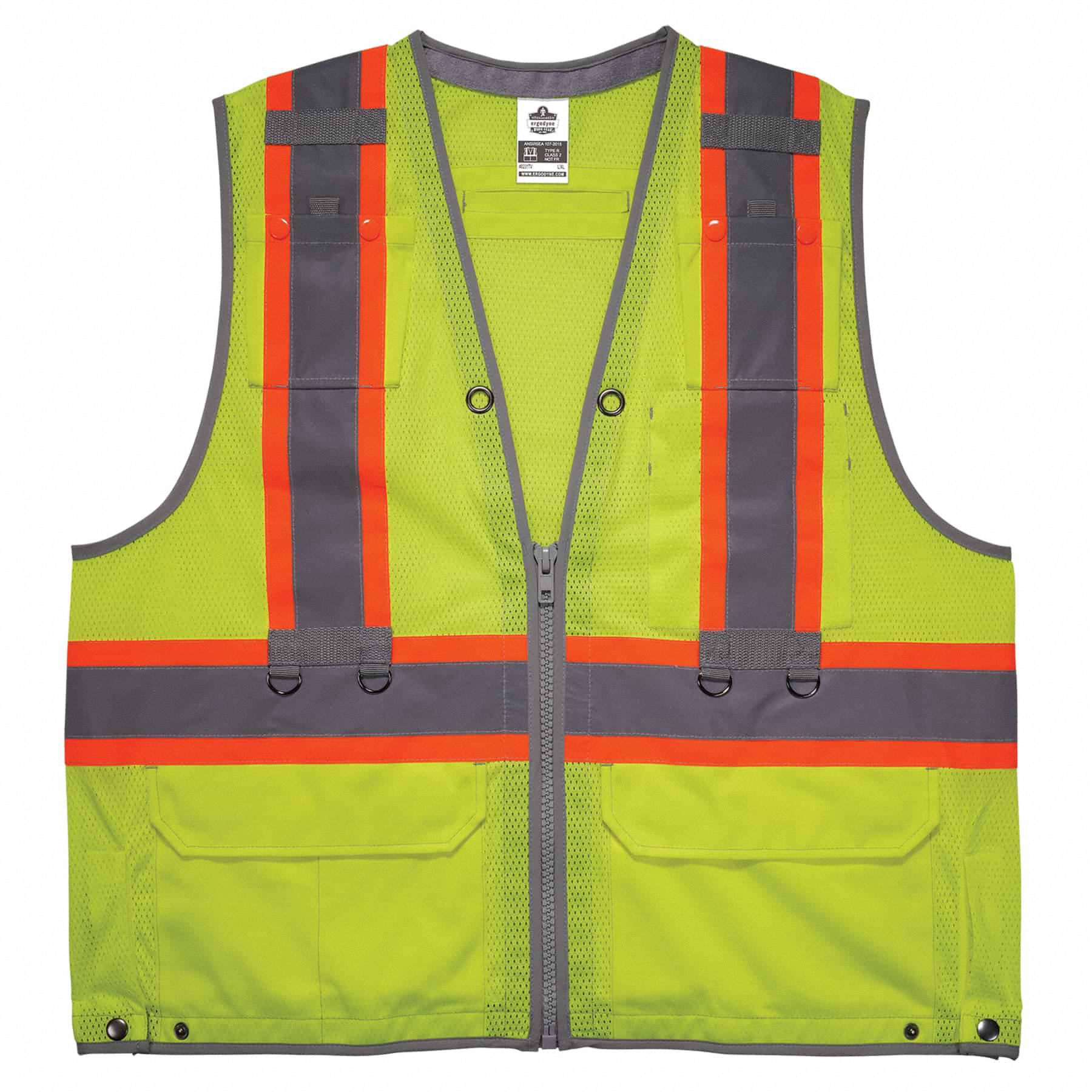 Tool Tethering Safety Vest: ANSI Class 2, U, 2XL/3XL, Lime, Mesh Polyester