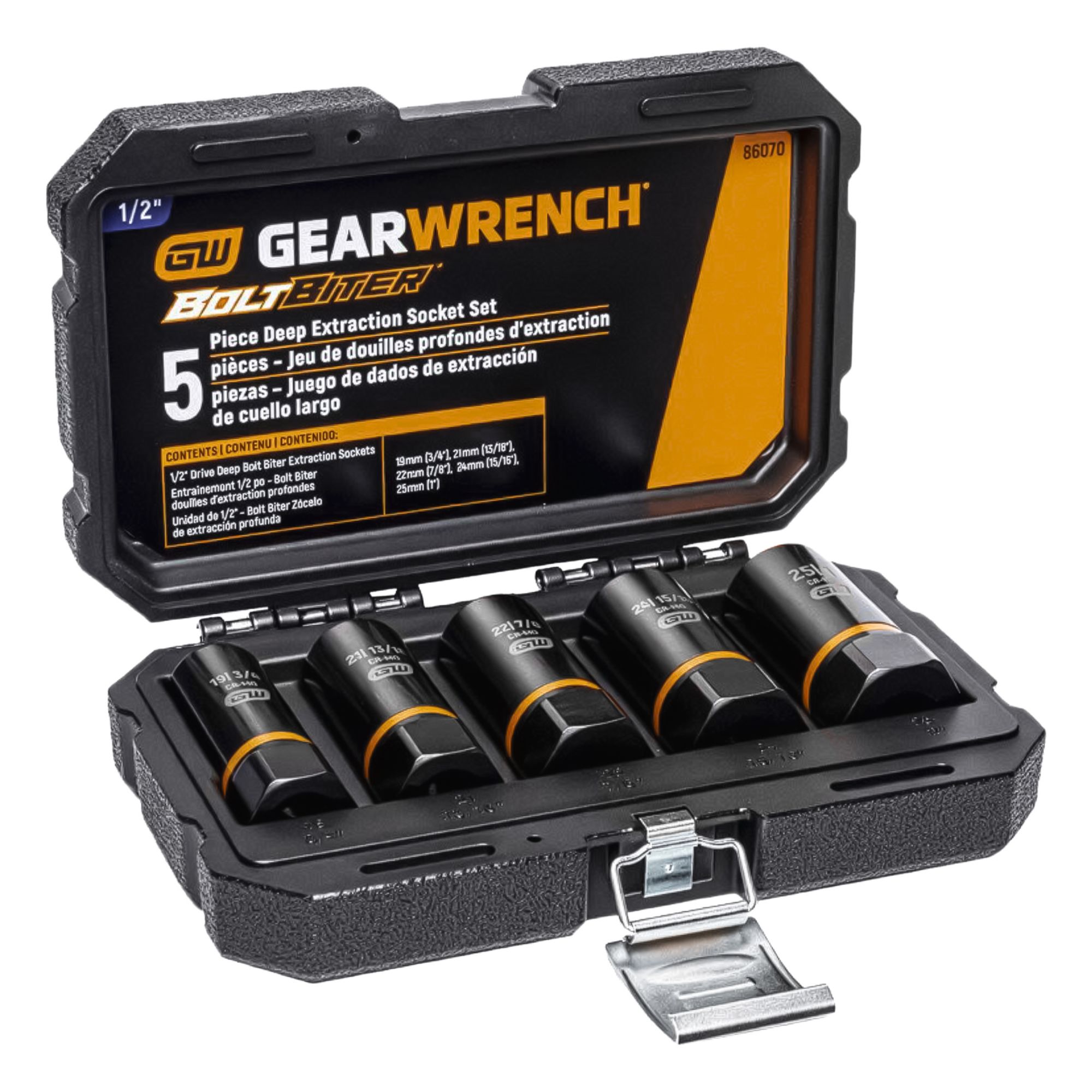 Impact Socket Set: 1/2 in Drive Size, 3/4"/19mm - 1"/25mm Socket Size Range, 5 Pieces