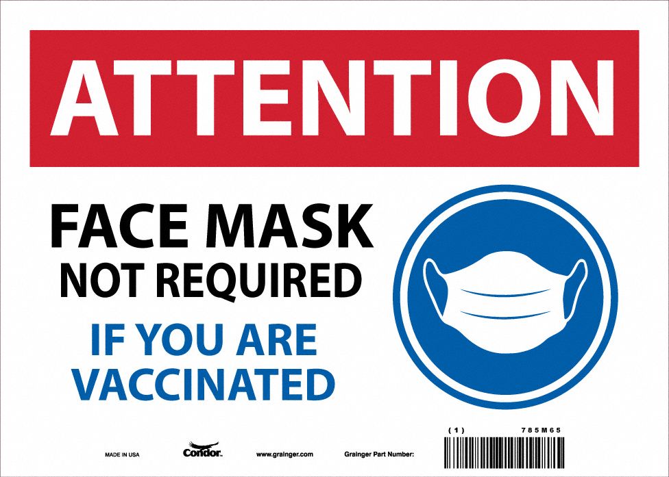 Face Mask Safety Sign: 10 in x 14 in Nominal Sign Size, 0.006 in Thick, Vinyl, White, Non-Reflective