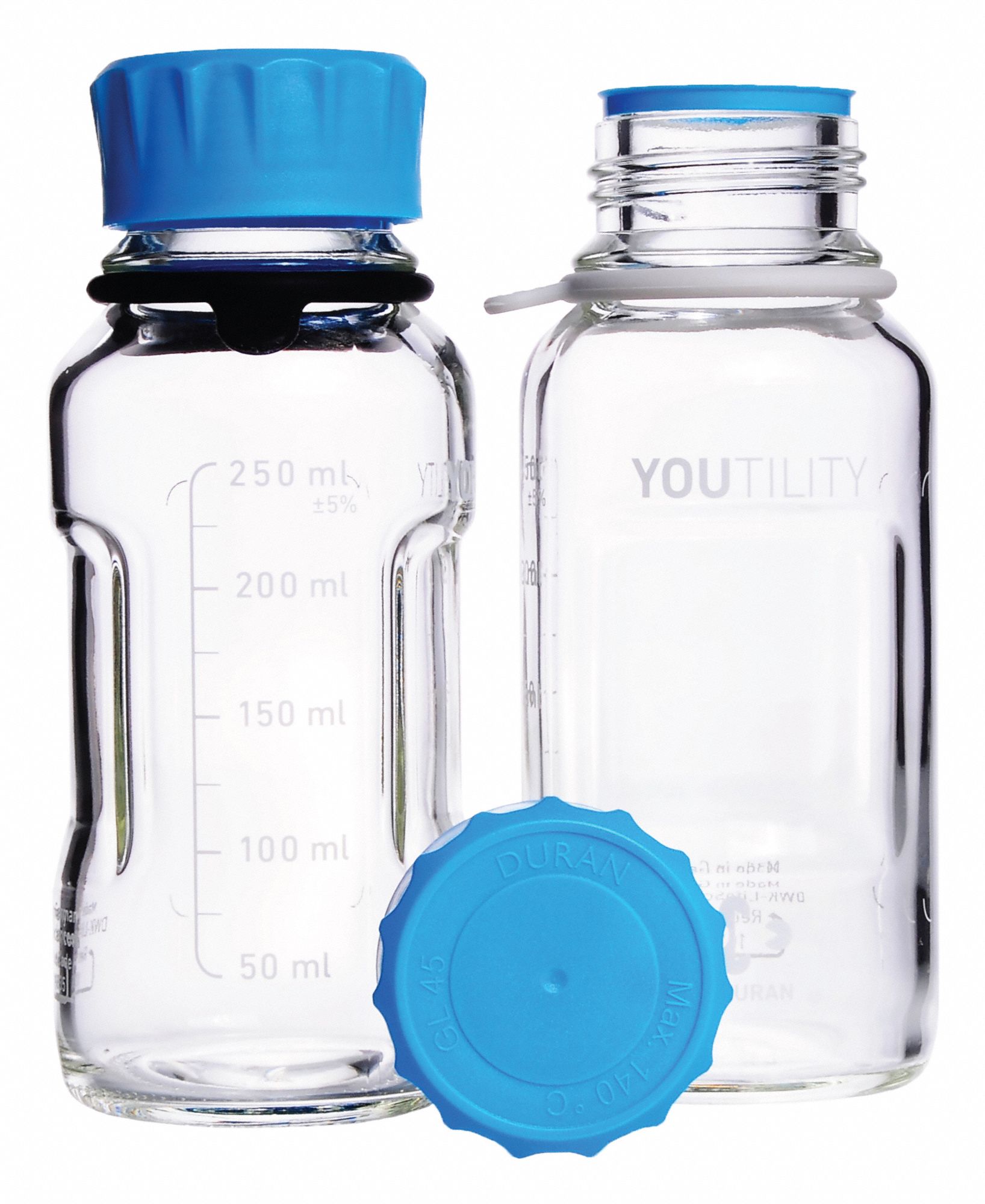 Bottle: 8 oz Labware Capacity - English, Type I Borosilicate Glass, Includes Closure, 4 PK