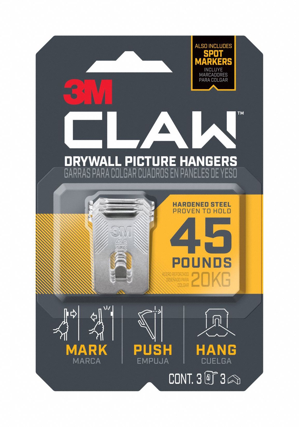 Picture Hanger, Silver, Steel, 9/16in D, PK3