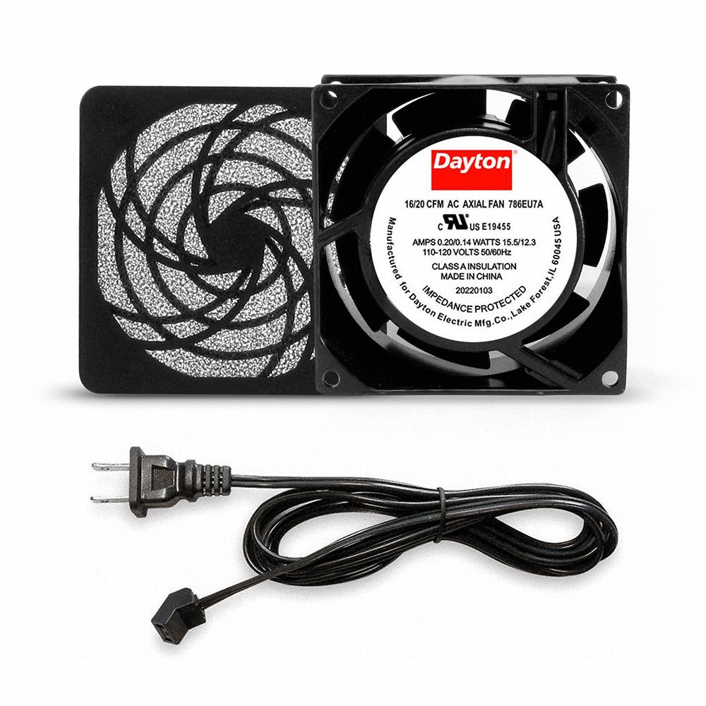 Square Axial Fan Kit: 3 1/8 in Ht, 1 in Dp, 16/20 cfm, 20, Cast Aluminum, 120V AC, Terminals