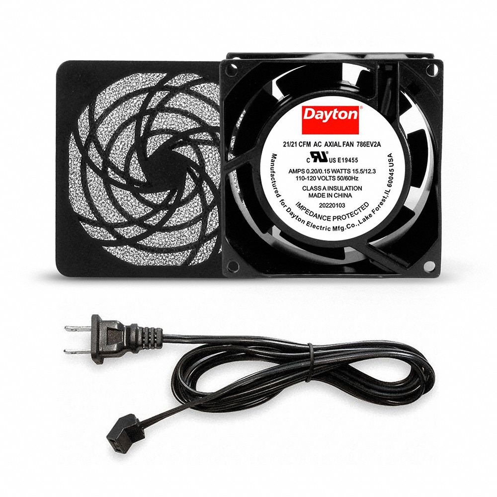 Square Axial Fan Kit: 3 5/8 in Ht, 1 in Dp, 21/21 cfm, 20, Cast Aluminum, 120V AC, Terminals