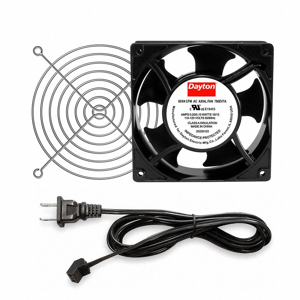 Square Axial Fan Kit: 4 3/4 in Ht, 1 in Dp, 55/51 cfm, 20, Cast Aluminum, 120V AC, Terminals