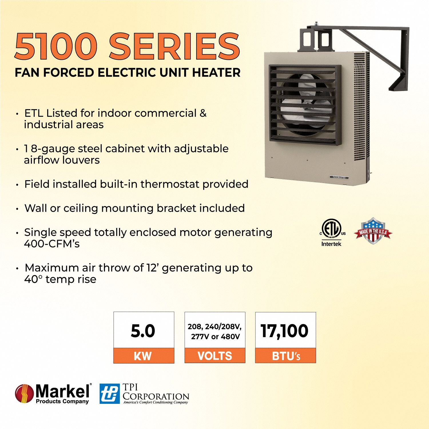 MARKEL PRODUCTS Fan Forced Electric Unit Heater 5 kW Watt Output, 277