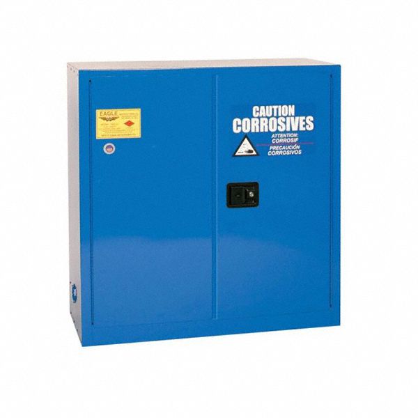 Hazardous Material Storage Cabinet: Std, 30 gal, 43 in x 18 in x 44 in, Blue, Self-Closing