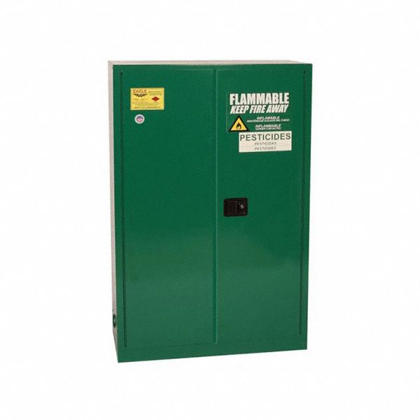 Hazardous Material Storage Cabinet: 45 gal, 43 in x 18 in x 65 in, Green, Self-Closing, 2 Shelves
